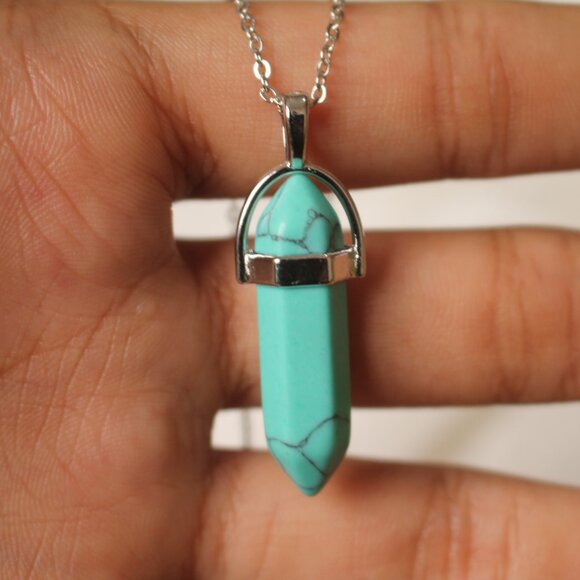 Turquoise Howlite Crystal Point Necklace – Silver Tone Chain, Healing Stone Pend - Picture 5 of 5